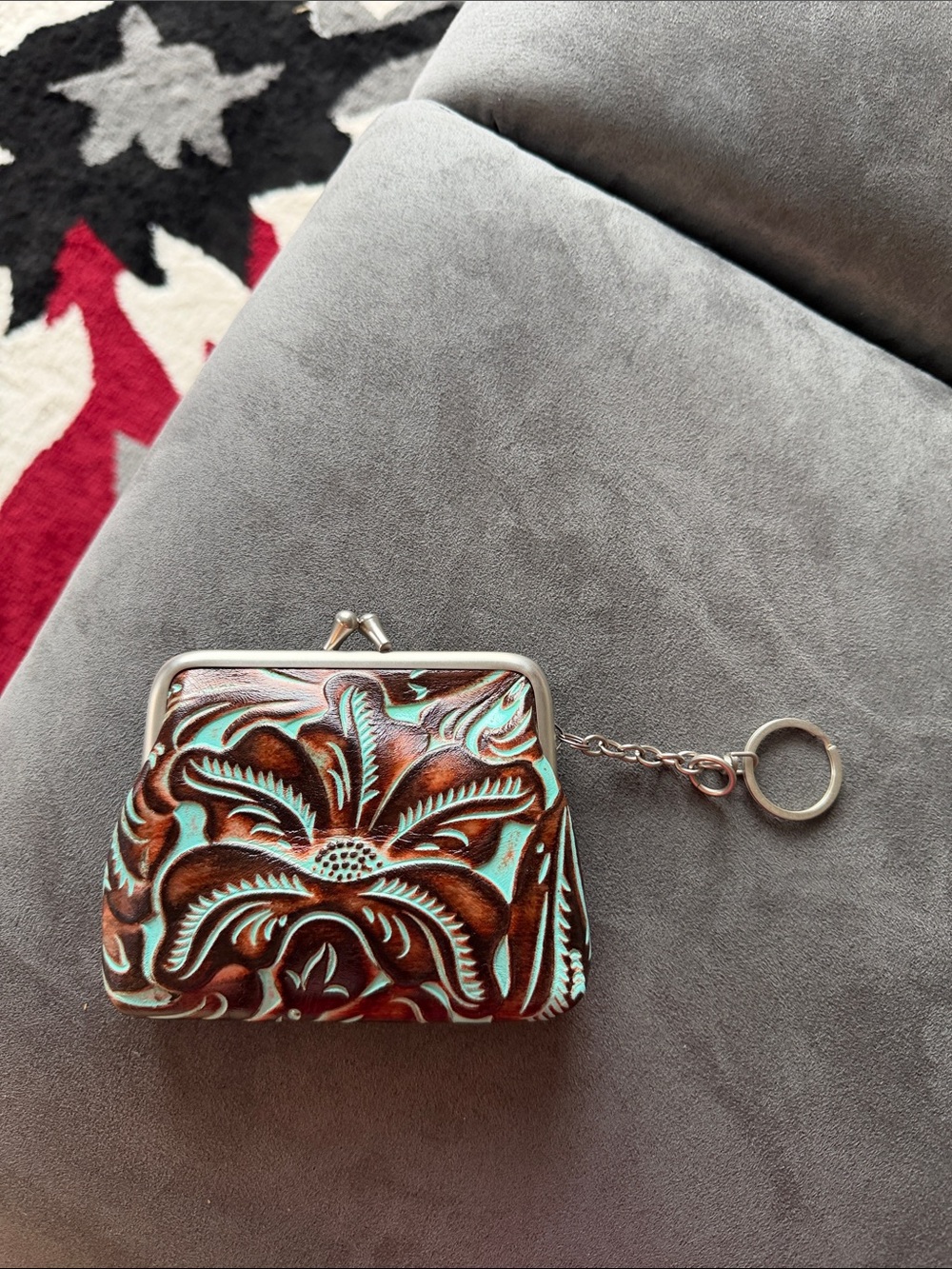 Patricia Nash Brown and Turquoise Tooled Leather Kiss-Lock Coin Purse